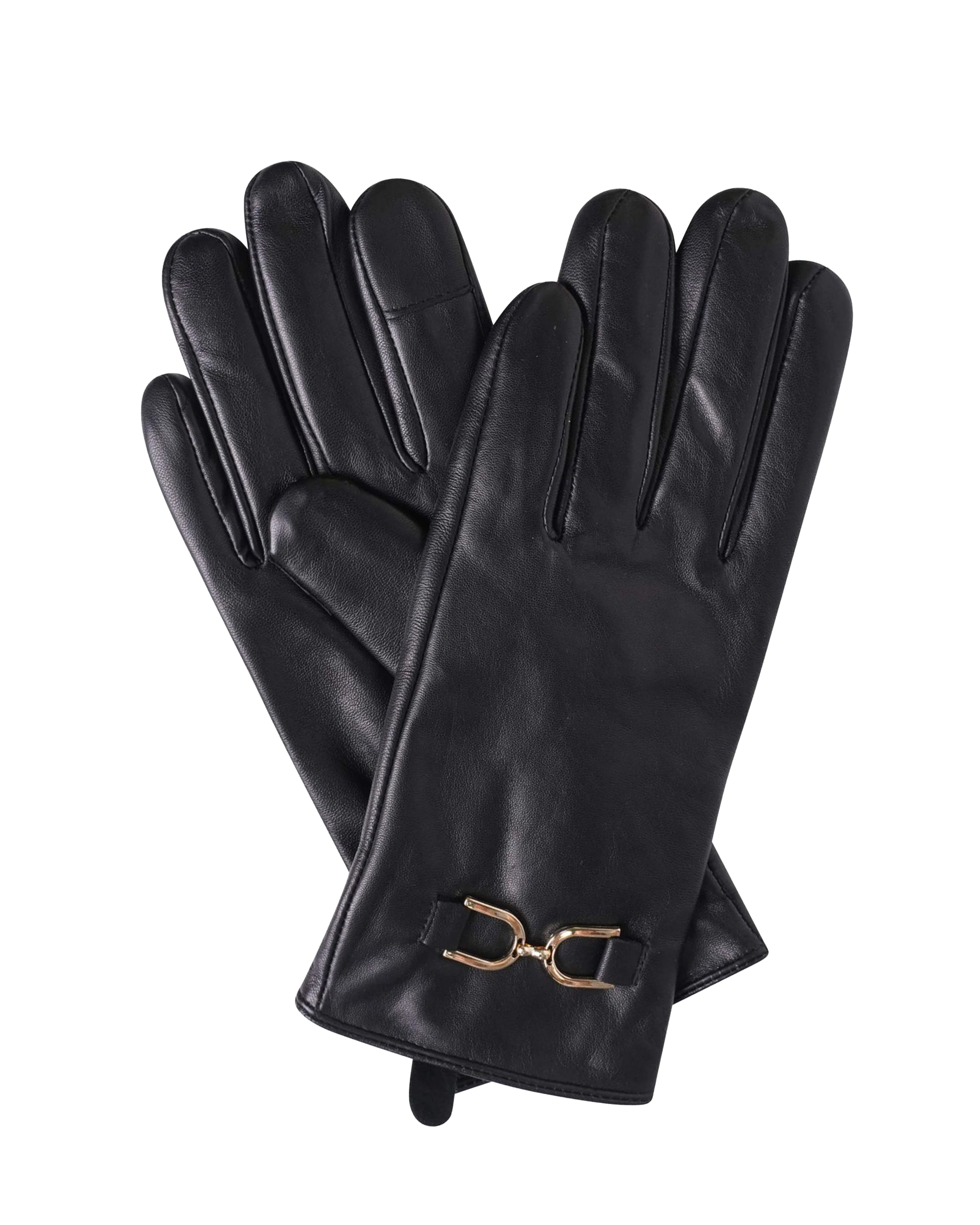 A pair of black leather gloves with a gold-tone horsebit hardware detail on the cuff, displayed against a solid white background.