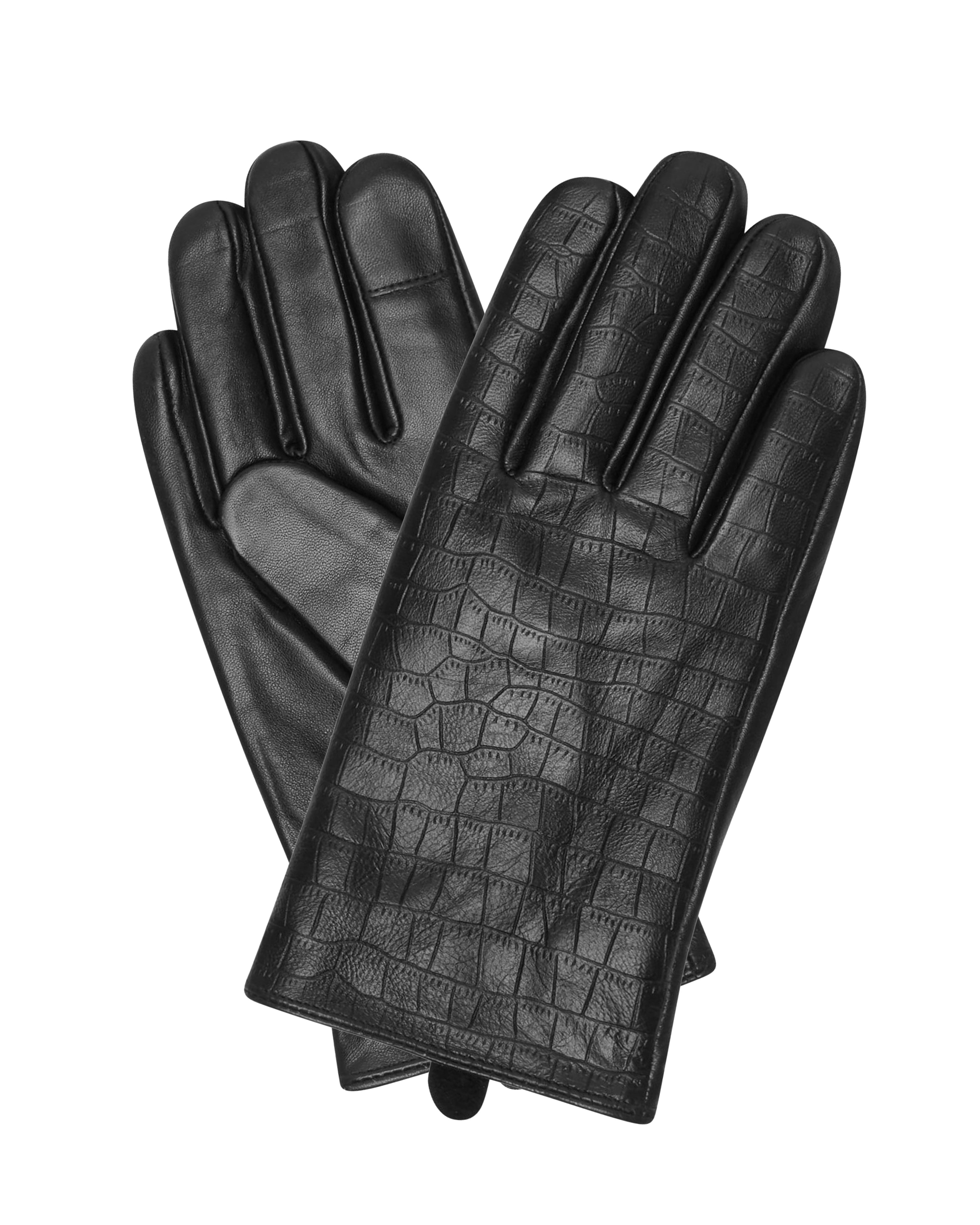 A pair of black leather gloves with a crocodile-embossed texture on the back of the hands, displayed against a solid white background.