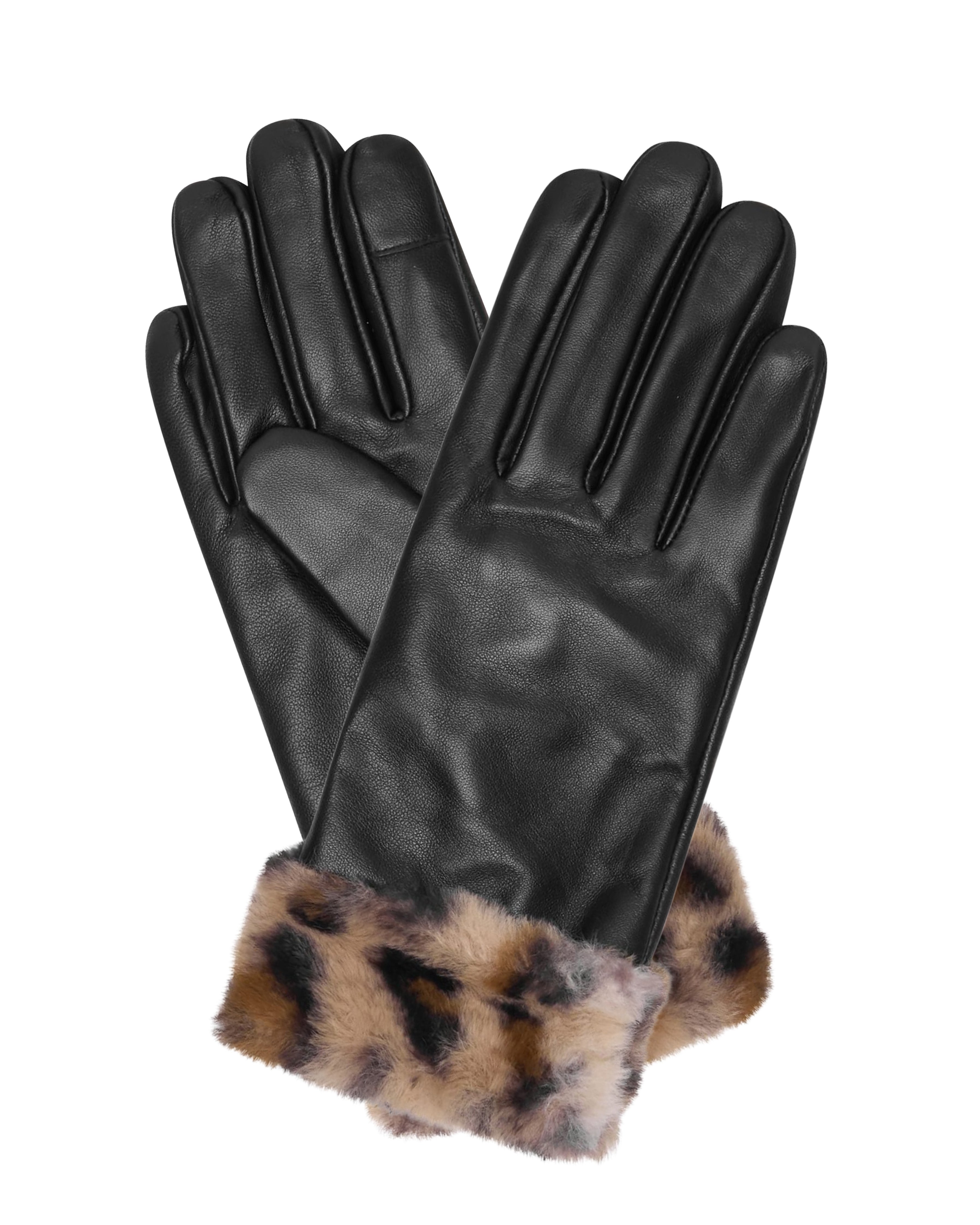 A pair of black leather gloves with a plush faux-fur cuff in a brown, black, and beige leopard print, displayed against a solid white background.