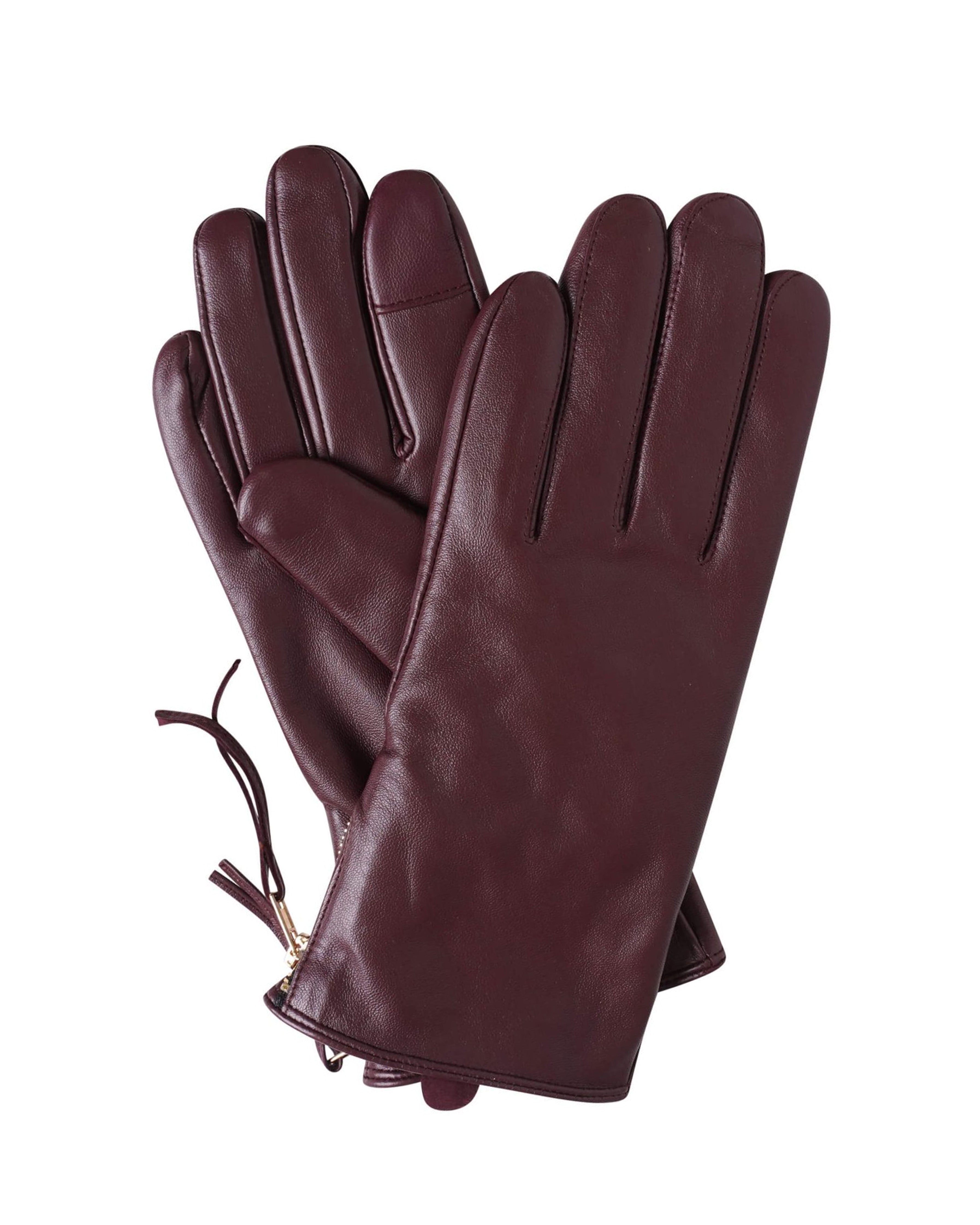 A pair of dark burgundy leather gloves with a smooth finish, featuring stitched finger seams and a zippered wrist with a drawstring, shown against a plain white background.