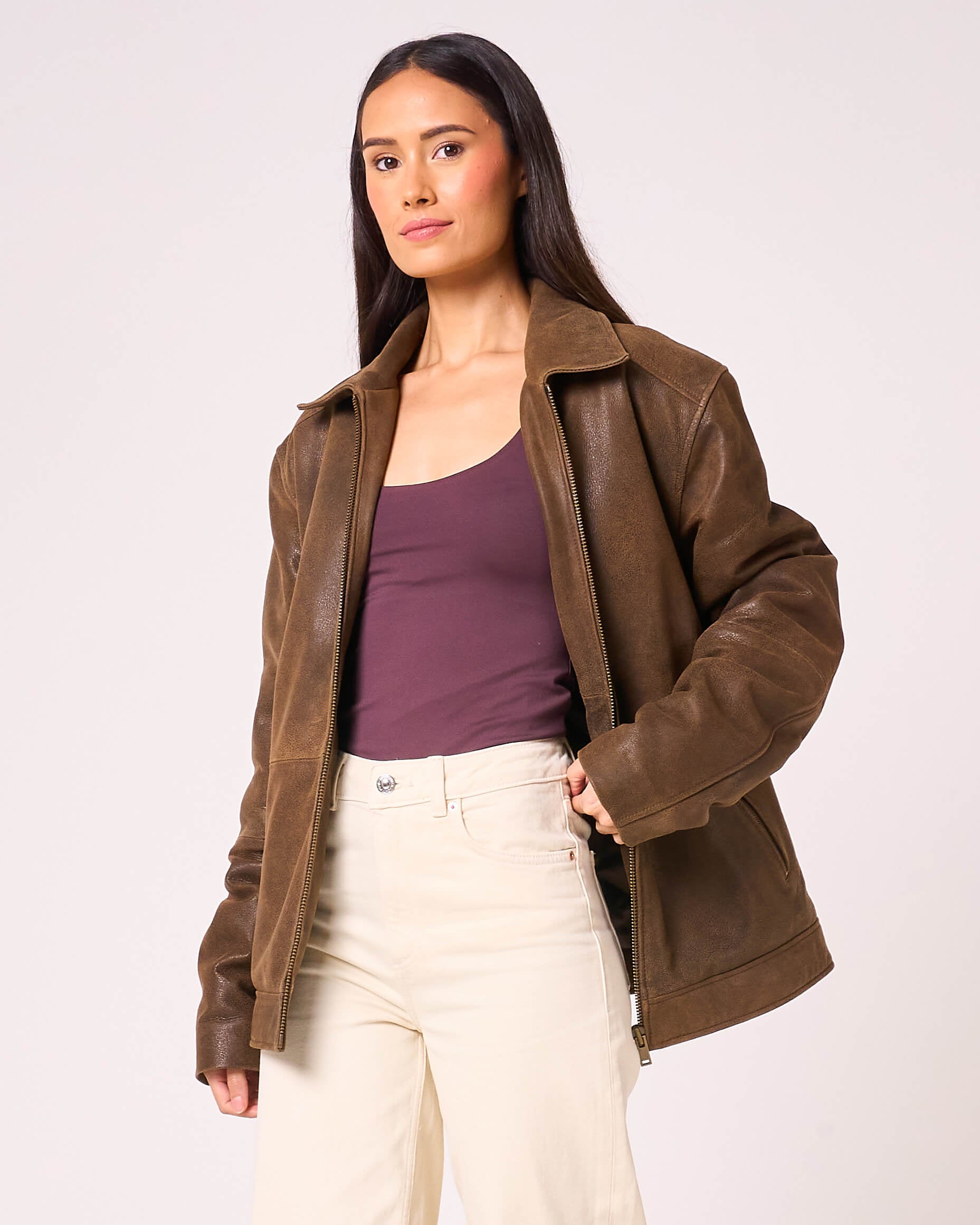 Women's Oversized Aged Leather Jacket