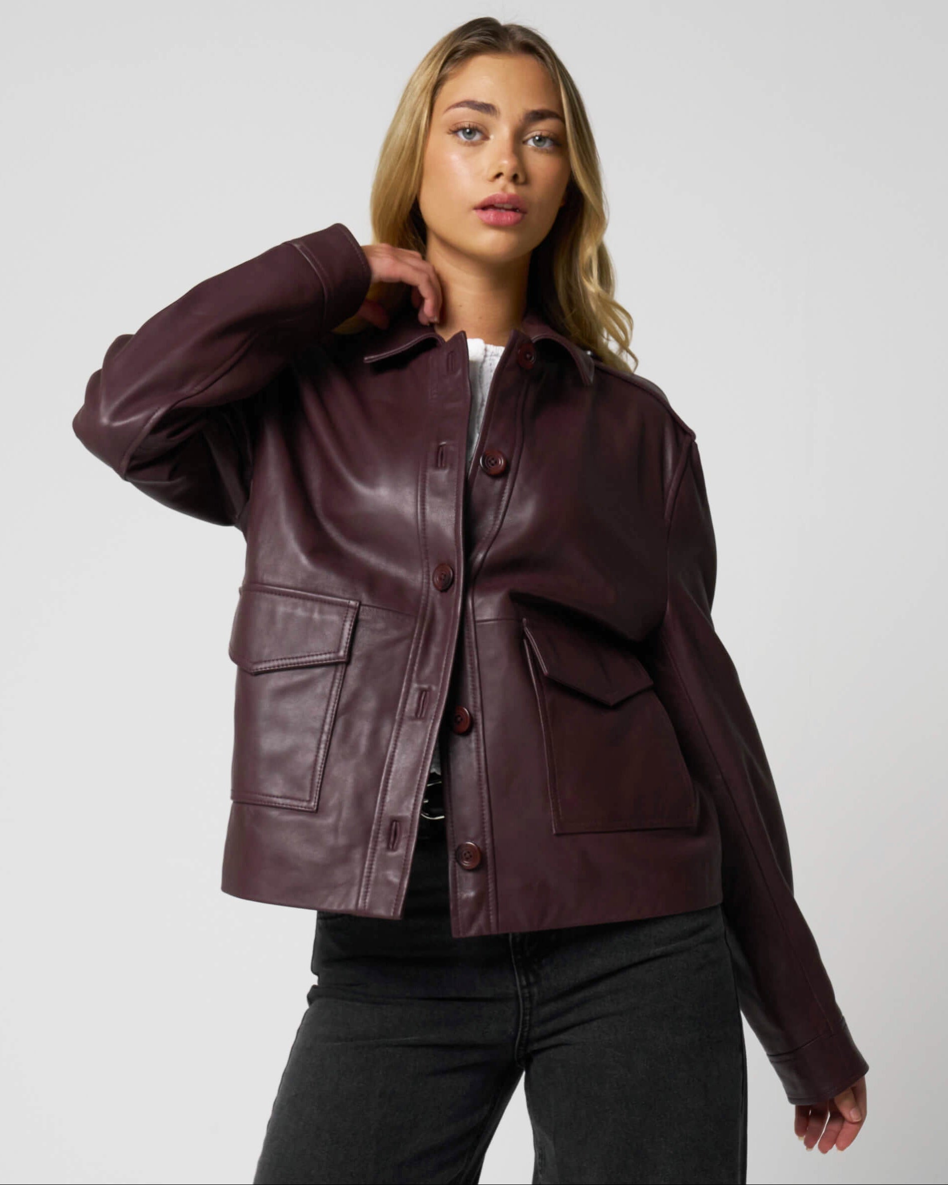 Women's Burgundy Utility Leather Jacket