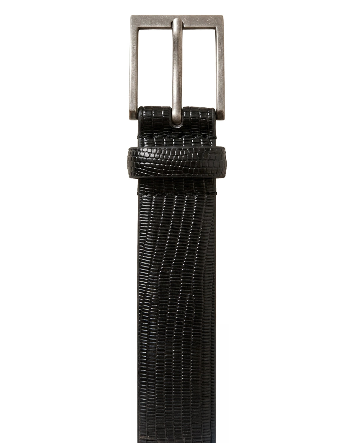 Image displays the buckle and texture of the leather belt. The belt is black in colour with a rectangle shaped buckle. It has a shiny finish and almost reptile texture.