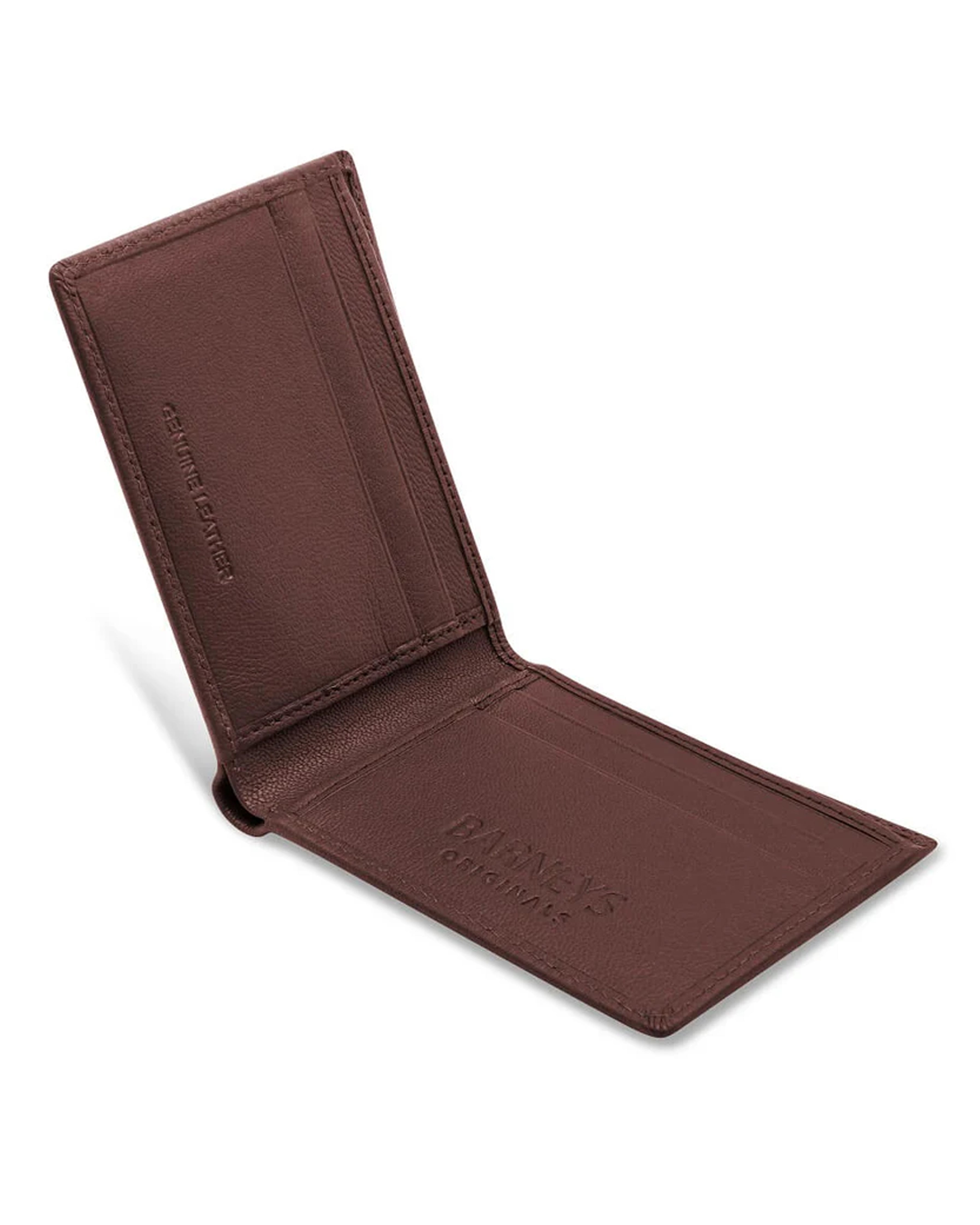 A brown leather bi-fold wallet shown open, displaying its interior card slots and embossed branding on the inside flap, set against a plain white background.