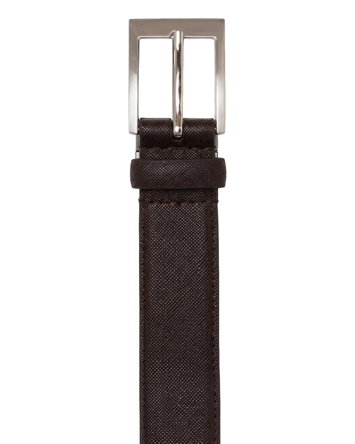 Image displays the buckle and texture of the leather belt. The belt is brown in colour with a rectangle shaped buckle.