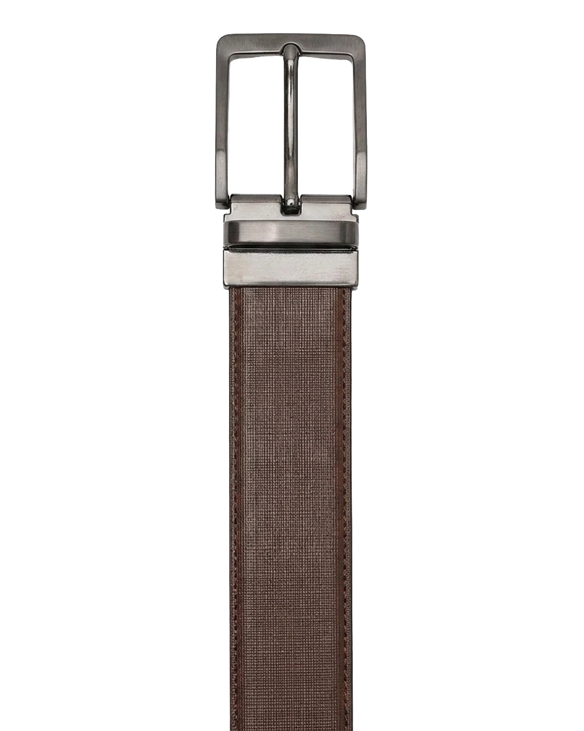 Image displays the buckle and texture of the leather belt. It has a fine grain saffiano appearance. The belt is brown in colour with a rectangle shaped buckle.