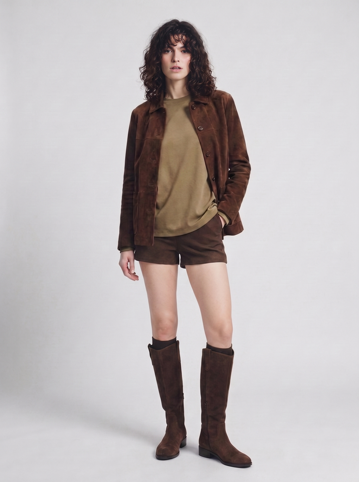 Image shows a woman model styling the buffalo suede jacket with an oversized khaki green shirt and short-shorts. The look is finished with classic riding boots.
