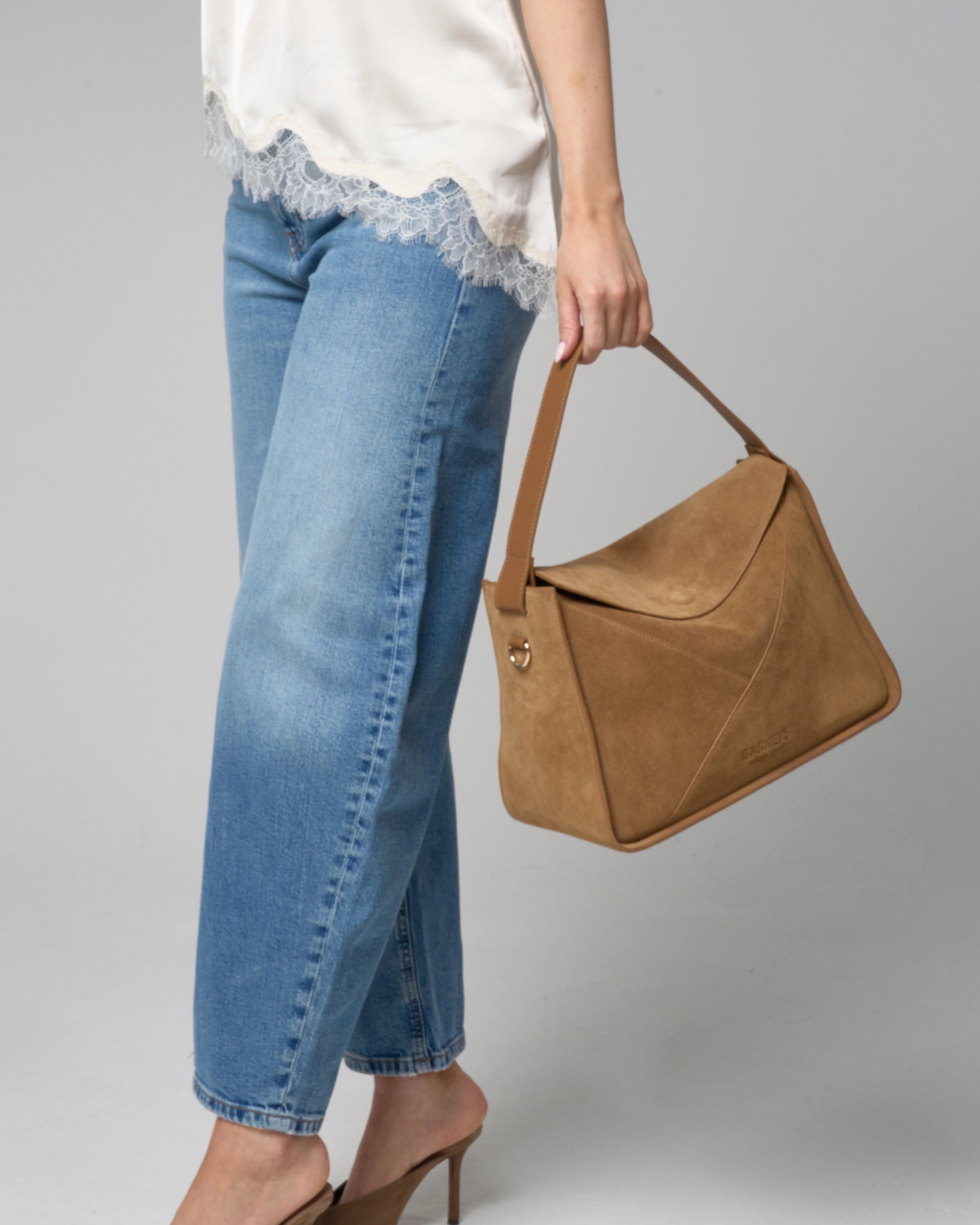 Structured Geometric Fold Over Suede Bag