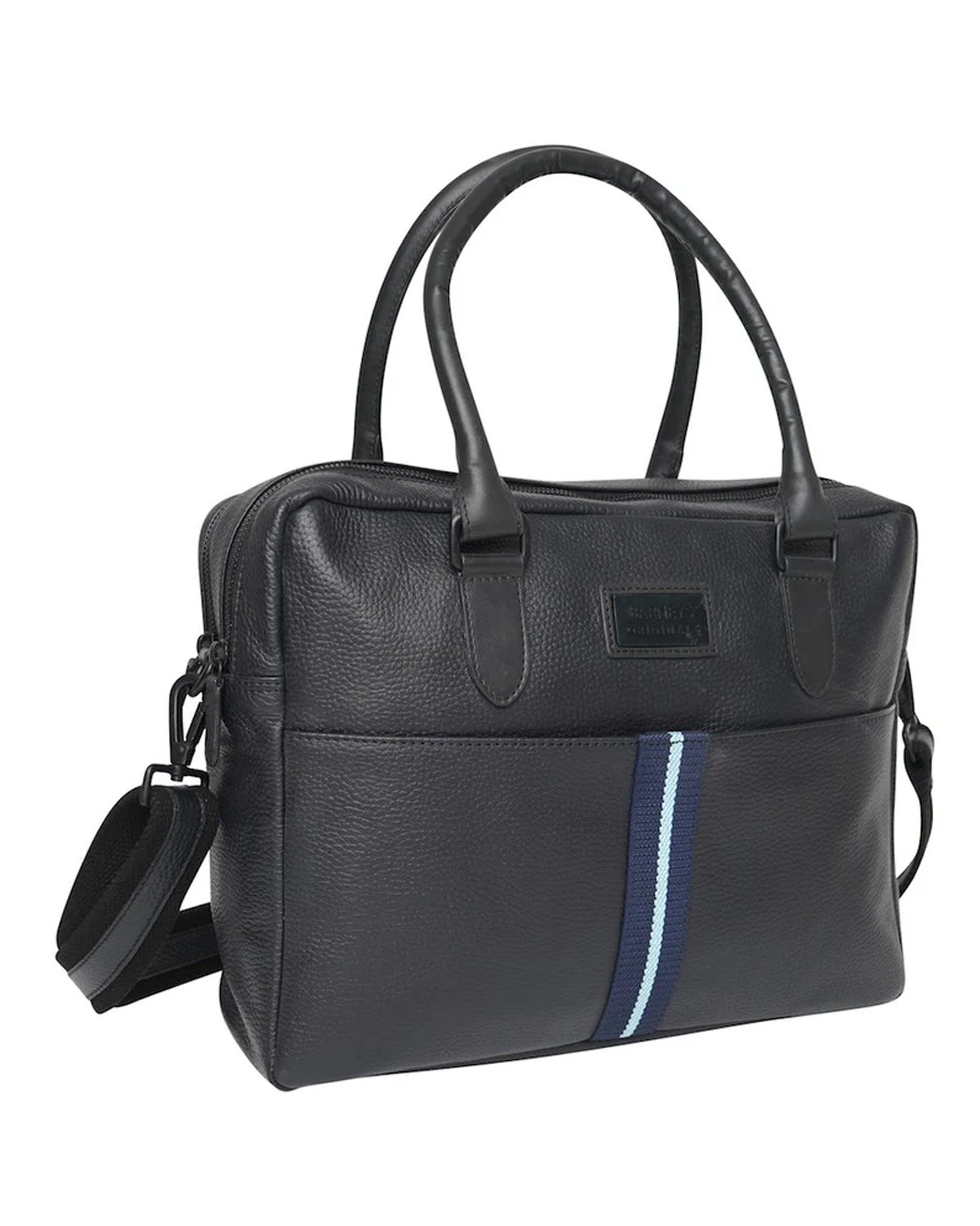 A black pebbled leather briefcase-style tote bag with dual top handles, a detachable shoulder strap, and a vertical blue and white stripe detail on the front pocket.