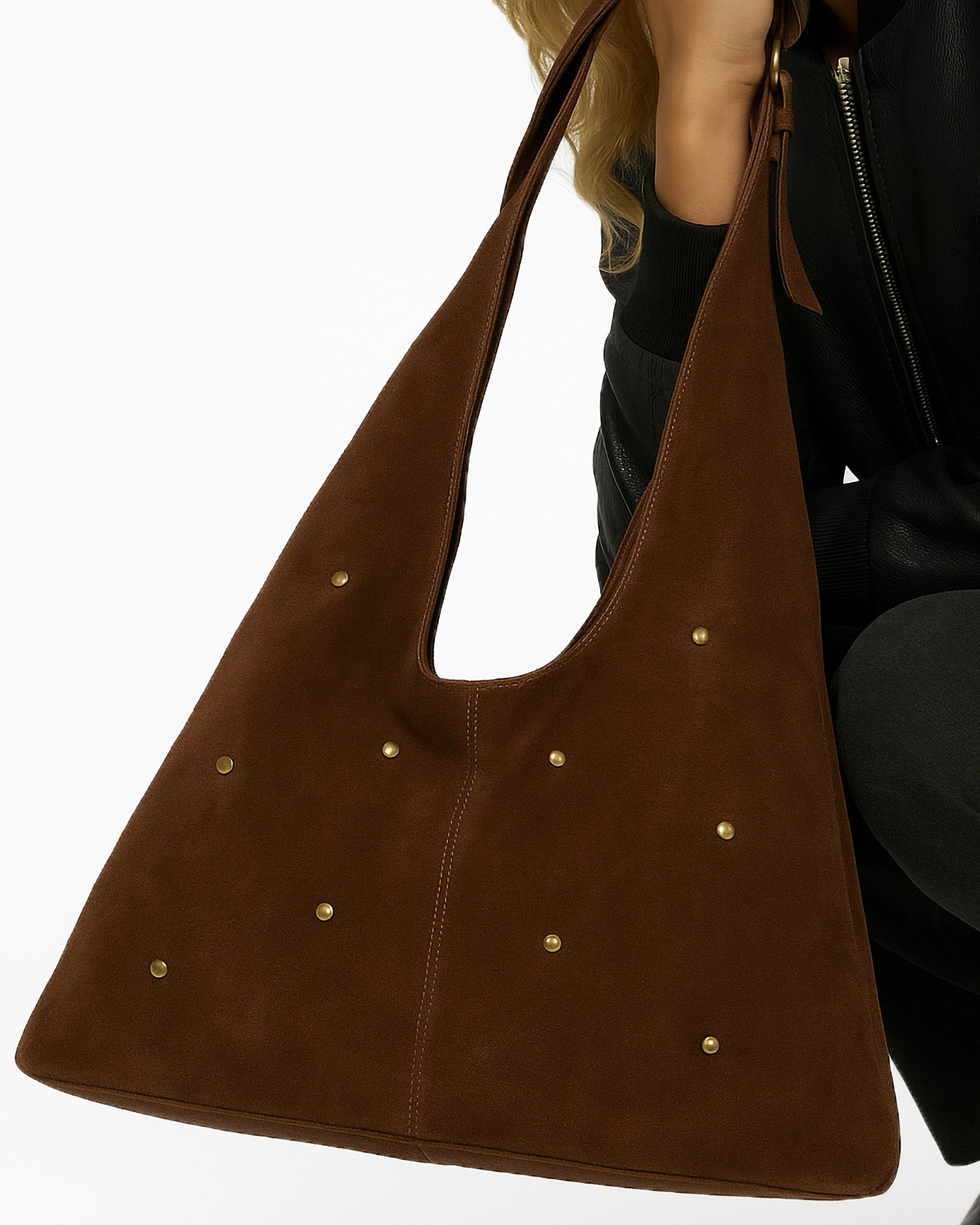 Brown Studded Suede Slouch Bag