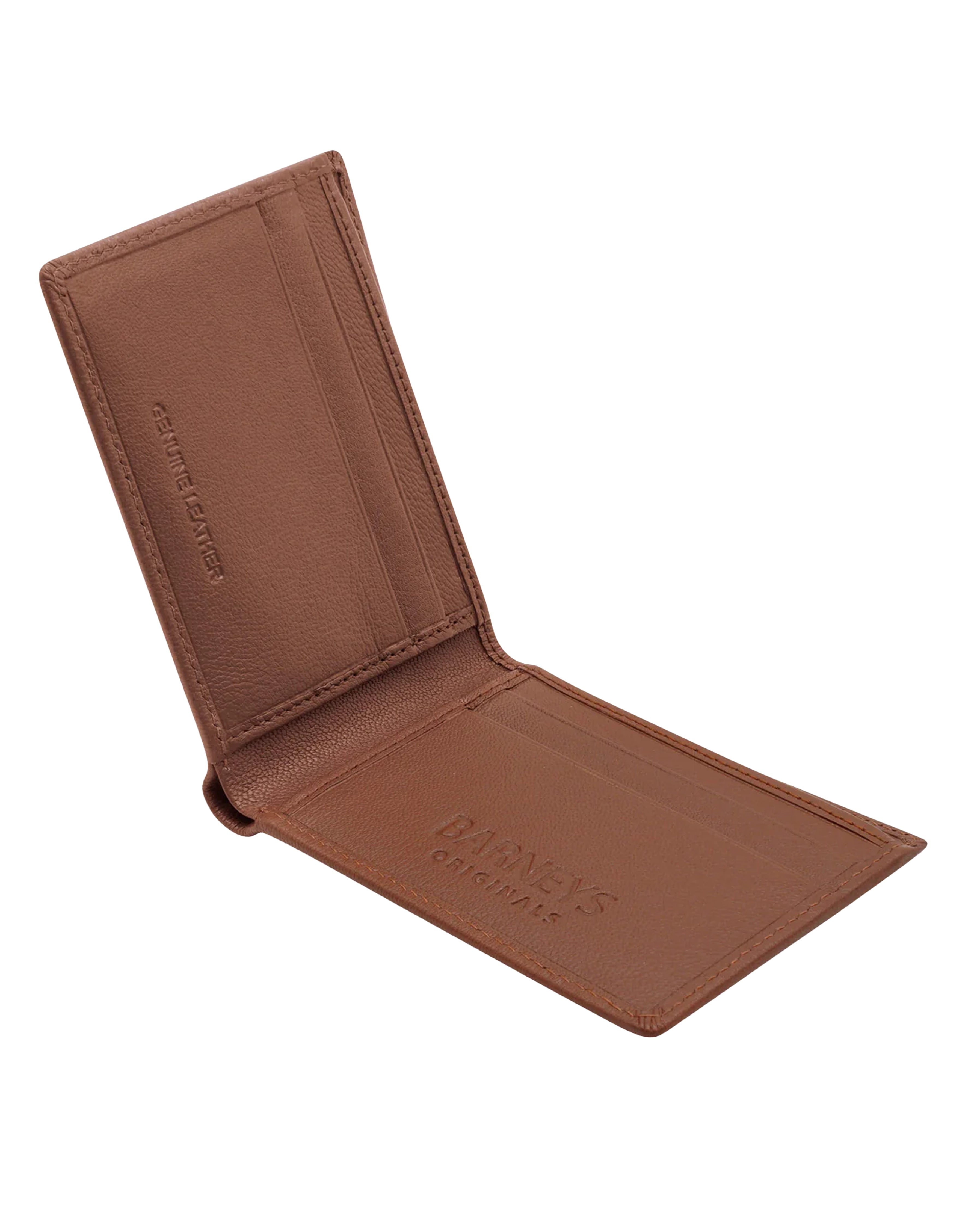 A brown leather bi-fold wallet shown open against a plain white background, displaying its interior card slots and embossed branding.