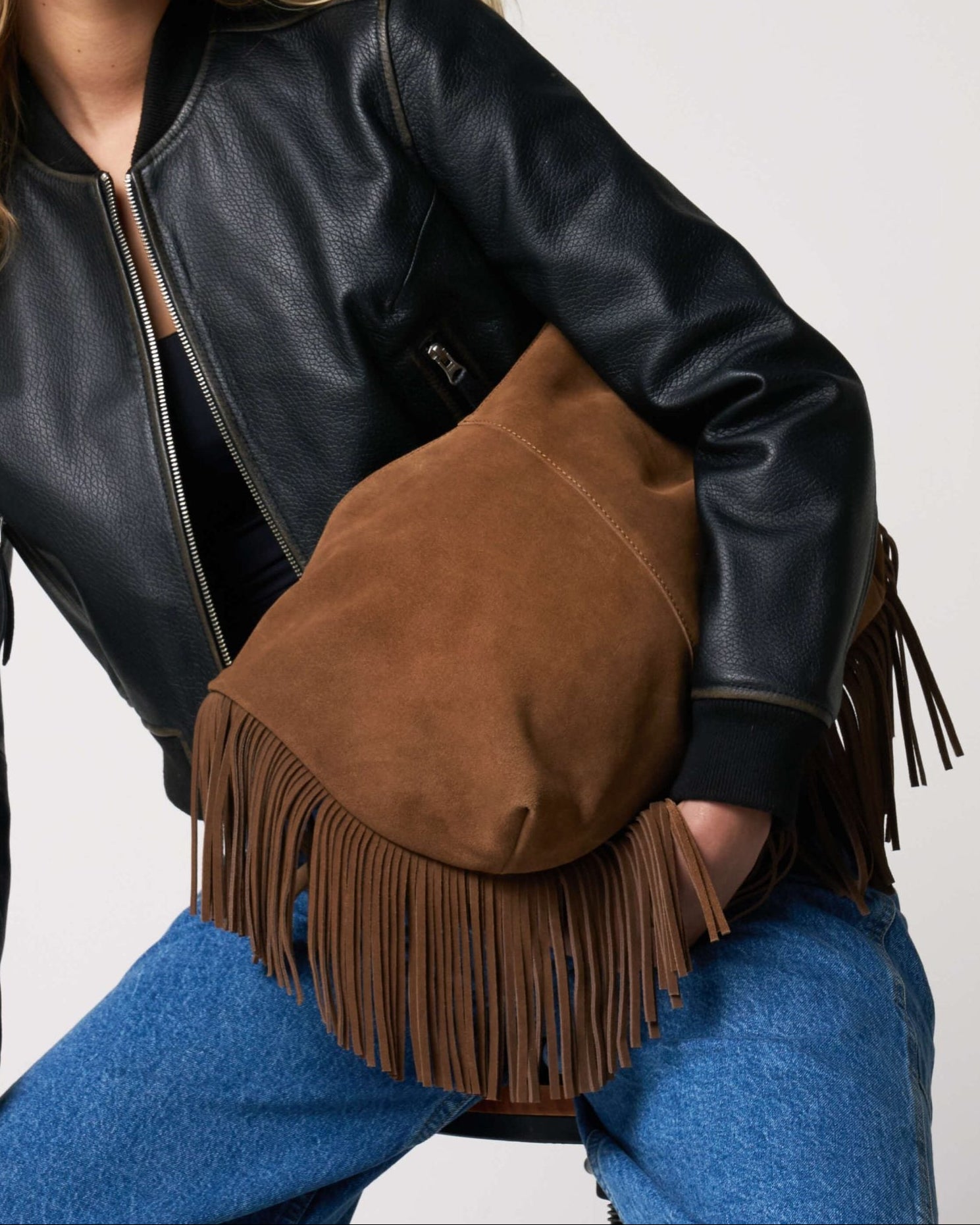 Mocha Cow Suede Tassel Bag
